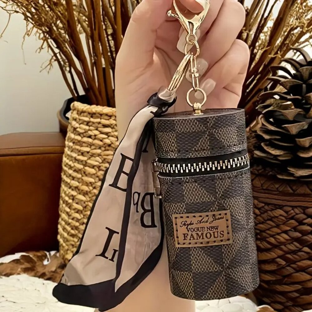 Stylish Mini Bag Charm w/ Scarf for Lipstick, Earbuds, Car keys w/Keychain Clip